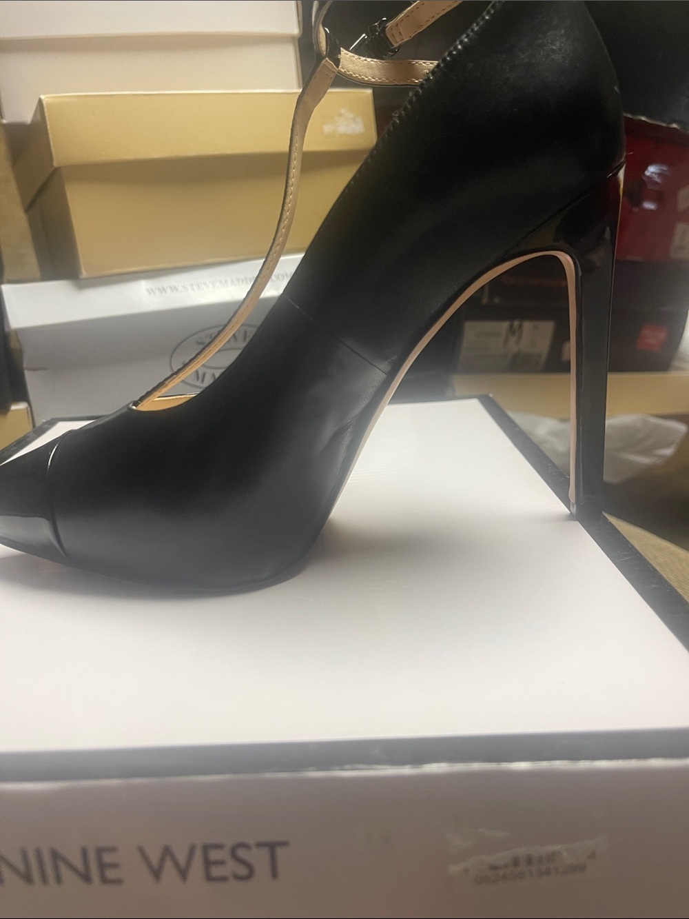 Nine West Black T-Strap Stiletto Pump with Gold Trim